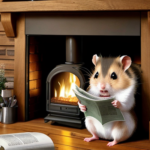 hamster reading a newspaper by a fireplace