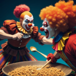 giant clowns fighting over a cereal bowl