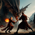 Monk in robes fighting a dragon