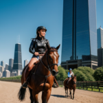 man and woman horseback riding with chicago in the background