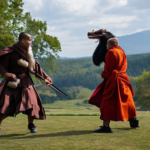 Monk in robes fighting a dragon