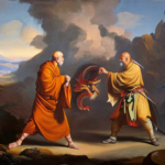 Monk in robes fighting a dragon