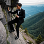 A man in a tuxedo climbing a mountain