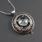 best quality, 4k, best lighting, best shadows, intricate details, silver filigree necklace and pendant with clear quartz crystals on a neutral gray background