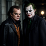 jack Nicholson as the joker. He is standing next to Michael Keaton as batman