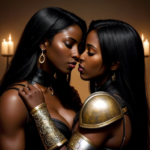 dark skinned woman warrior holding a sword kissing a woman