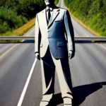 Create an image of a 40 foot tall man with feet made of highway lanes