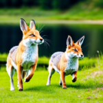 18. Rabbits running towards a lake and one fox is chasing them.