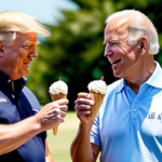 Picture of trump and Biden in polo shirts and khaki pants having an ice cream cone together and happy to be around each other