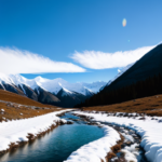 Picture of snow capped mountains with a stream