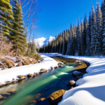 Picture of snow capped mountains with a stream