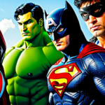 Superman Batman Spider-Man captain america, and hulk take a group picture serious