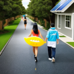 Create solar sales people that are wearing shark costumes. Show them walking down a residential street with homes with solar panels. Make it hyper realistic.