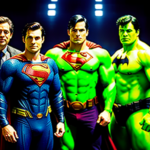 Batman, Superman, spider man, and hulk take a group picture.