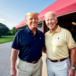 Picture of trump and Biden in polo shirts and khaki pants having an ice cream cone together and happy to be around each other