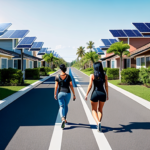 Show human shark hybrids walking down a residential street lined with homes with solar panels. Make it hyper realistic.