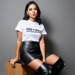 Powerful woman dressed in leather skirt, tee shirt and boots, sitting on a chair