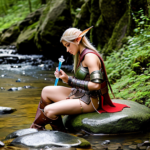 Female elf warrior sitting on a rock, with parts of her armor on the ground next to her, tending to a wound on her leg with water from a stream.