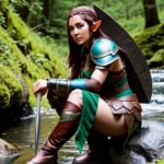 Female elf warrior sitting on a rock, with parts of her armor on the ground next to her, tending to a wound on her leg with water from a stream.