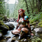 Female elf warrior sitting on a rock, with parts of her armor on the ground next to her, tending to a wound on her leg with water from a stream.