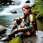 Female elf warrior sitting on a rock, with parts of her armor on the ground next to her, tending to a wound on her leg with water from a stream.