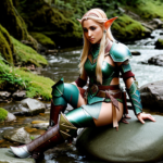 Female elf warrior sitting on a rock, with parts of her armor on the ground next to her, tending to a wound on her leg with water from a stream.