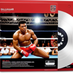 Create a stunning product photograph with 2 items: 1: A George Foreman Grill in a box, and 2: an appealing shot of Muhammed Ali on a box of DVD’s