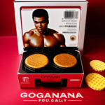 Create a stunning product photograph with 2 items: 1: A George Foreman Grill in a box, and 2: an appealing shot of Muhammed Ali on a box of DVD’s