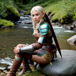 Female elf warrior sitting on a rock, with parts of her armor on the ground next to her, tending to a wound on her leg with water from a stream