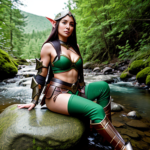 Female elf warrior sitting on a rock, with parts of her armor on the ground next to her, tending to a wound on her leg with water from a stream.