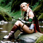 Female elf warrior sitting on a rock, with parts of her armor on the ground next to her, tending to a wound on her leg with water from a stream.