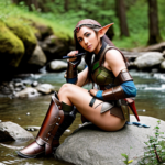 Female elf warrior sitting on a rock, with parts of her armor on the ground next to her, tending to a wound on her leg with water from a stream.