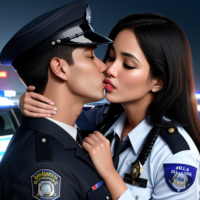 women making out with a police officer. High detail, detail skin, detail face. full body of the women. Full view of the police car