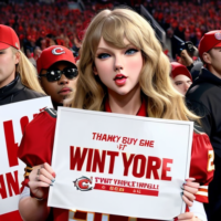 Create a picture of Taylor swift holding a sign say “thanks for coming to my boyfriend game”c she’s wearing a chiefs nfl jersey