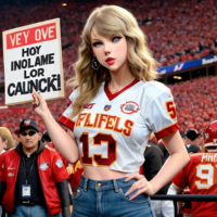 Create a picture of Taylor swift holding a sign say “thanks for coming to my boyfriend game”c she’s wearing a chiefs nfl jersey