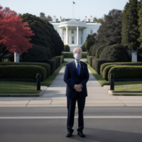 Joe Biden as part human part machine. A Cyborg standing in front of a blurred white house.