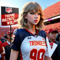 Create a picture of Taylor swift holding a sign say “thanks for coming to my boyfriend game”c she’s wearing a chiefs nfl jersey