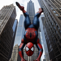 spiderman hanging froma web upside down in front of Chicago’s willis tower