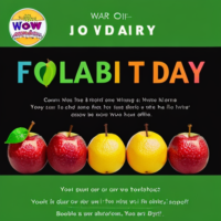 Create a simple flyer for fruit day activities with lots of different fruits on the background and a boldly stylish written of “Wow…. It’s Fruits day for ALHUSNA ACADEMY on Tuesday 13th Feb. 2024”