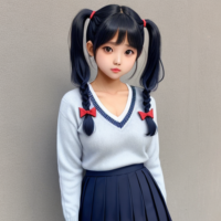 American Short pigtails hairstyle wearing navy blue v-neck jumper with school badge, short navy blue pleated skirt