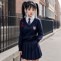 American Short pigtails hairstyle wearing navy blue v-neck jumper with school badge, short navy blue pleated skirt