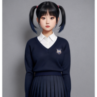 Short pigtails hairstyle wearing navy blue v-neck jumper with school badge, short navy blue pleated skirt