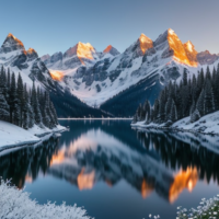 A majestic, panoramic view of a pristine alpine landscape at dawn, with the first rays of sunlight gently kissing the snow-capped peaks. The scene is dotted with ancient, gnarled pine trees, and a crystal-clear mountain lake reflects the breathtaking scenery, all surrounded by wildflowers in bloom, creating a serene and invigorating environment.