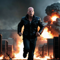 Bruce Willis running from an explosion