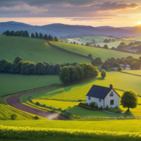 An idyllic, rural countryside scene at sunrise, with rolling hills covered in a patchwork of fields and meadows in various shades of green. A winding country road leads to a quaint farmhouse surrounded by blooming gardens, while in the distance, a small flock of sheep grazes, all bathed in the soft, golden light of the early morning.