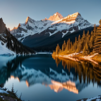 A majestic, panoramic view of a pristine alpine landscape at dawn, with the first rays of sunlight gently kissing the snow-capped peaks. The scene is dotted with ancient, gnarled pine trees, and a crystal-clear mountain lake reflects the breathtaking scenery, all surrounded by wildflowers in bloom, creating a serene and invigorating environment.