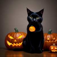 Black cat next to a pumpkin