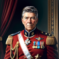 Ronald w. Reagan, Age 29, masterpiece, 8k, hyperrealistic portrait, detailed face, detailed skin, photography, hq, photorealistic, King, emperor, 1870’s, 19th century, red, throne room, Royal black, Armor, medals, United States Navy,