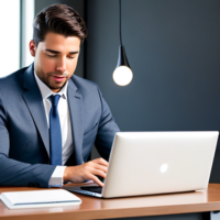 Create an image of a guy working on his computer at his desk, in a zoom meeting with important people. His pants are down. The women is under his desk with her mouth on his penius.