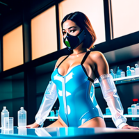 A woman wearing a translucent latex bodysuit, with black straps, securing it, wearing a gas mask, background some strange medical laboratory